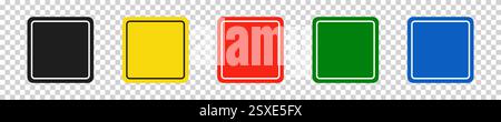 Set of square black, yellow, red, green and blue road signs. Vector illustration of icons for warning about the situation on the road. Transparent iso Stock Vector