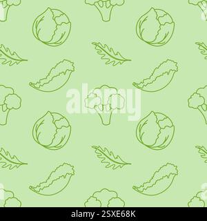 Healthy vibe green vegetables vegetarian nutrition, seamless pattern with cabbage, arugula, broccoli and salad outline, on pastel green background. Ve Stock Vector