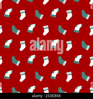 Red fluffy sock with green toe and heel flat icon vector illustration. Christmas seamless pattern. Stock Vector