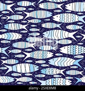 Hand drawn seamless pattern with blue stylized fish Stock Vector