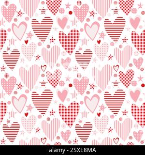 Valentine's Day wrapping paper with pink stylized hearts and stars with different prints Stock Vector