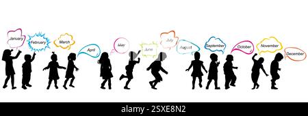 Silhouettes of children having chat bubbles with the months of the calendar year Stock Vector