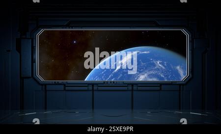 stunning window view reveals Earth illuminated against the backdrop of deep space and distant stars, reflecting the beauty and serenity of our planet Stock Photo