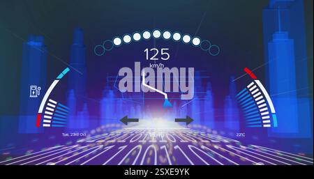 Image of speedometer and data processing over binary coding Stock Photo