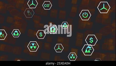 Image of eco icons and data processing on dark background Stock Photo
