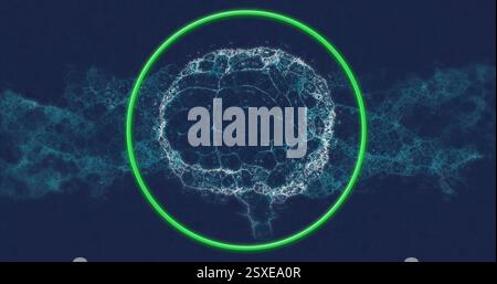 Image of human brain and dna strand in green neon circle Stock Photo