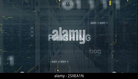 Image of network of connections with phishing text over server room Stock Photo