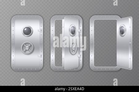 Metal realistic door with a porthole in a bunker, submarine, laboratory or spaceship. Set of closed and open doors with rivets and bolts. Vector 3d il Stock Vector