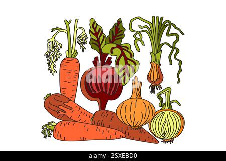 Cartoon set of vegetables isolated on white background. Hand drawn colorful botanical carrots, onions, beets vector illustration. Graphic design for B Stock Vector