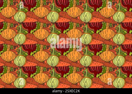 Botanical abstract seamless pattern with cartoon colorful carrots, onions, beets vector illustration. Repeating vegetables pattern in orange color bac Stock Vector