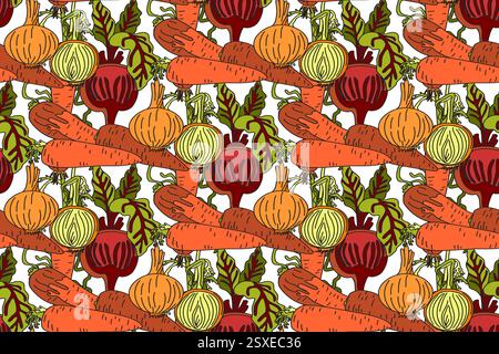 Botanical abstract seamless pattern with cartoon colorful carrots, onions, beets vector illustration. Repeating vegetables pattern in white color back Stock Vector