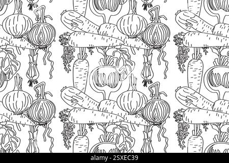 Line art seamless pattern with carrots, onions, beets vector illustration. Hand drawn outline repeating vegetables pattern background. Graphic design Stock Vector