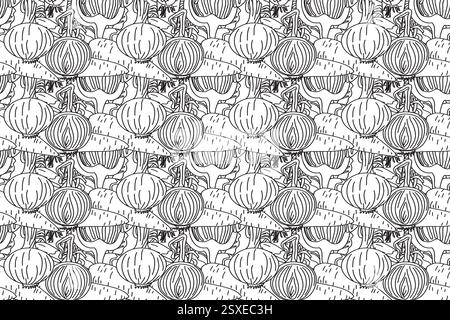 Line art seamless pattern with carrots, onions, beets vector illustration. Hand drawn outline repeating vegetables pattern background. Graphic design Stock Vector