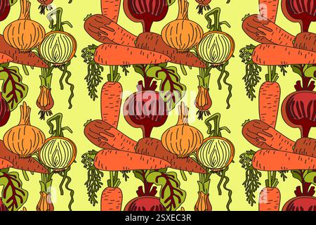 Botanical abstract seamless pattern with cartoon colorful carrots, onions, beets vector illustration. Repeating vegetables pattern in yellow color bac Stock Vector