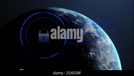 Image of biometric fingerprint and connection with padlock over globe and dark background Stock Photo