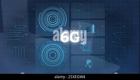 Image of 6g text, digital data processing over screens Stock Photo