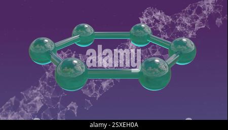 Image of ring of molecules over floating network on purple background Stock Photo