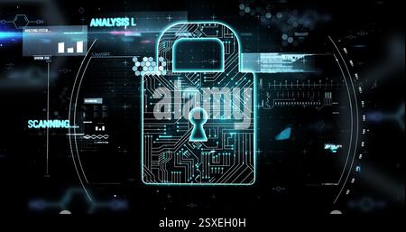 Digital lock and data encryption image over cybersecurity interface Stock Photo