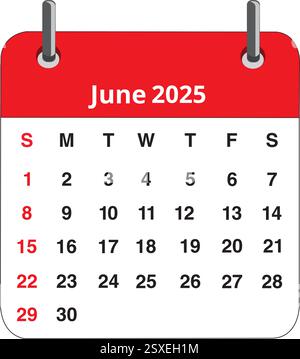 June 2025 calendar page isolated on a white background Stock Vector