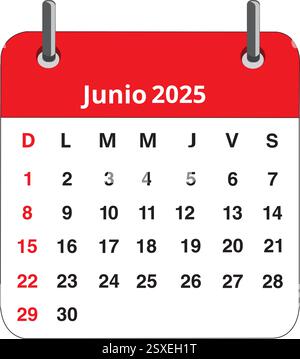 Junio 2025 calendar page isolated on a white background (trad. June) Stock Vector
