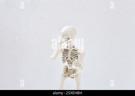 Human skeleton covers his face with his hand by white wall background. Spooky skeleton figurine hiding face, shy and shame concept Stock Photo