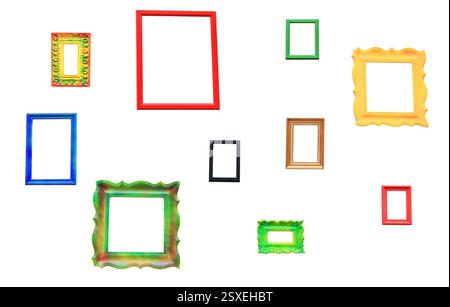 Empty multicolored photo frames isolated on white background. Different painted photoframes collection for decorating home cutout. Variation colors re Stock Photo