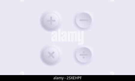 Mathematical symbols 3D circle shapes button neomorphism style. Vector illustration Stock Vector