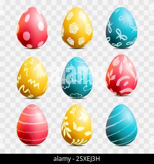 Colorful realistic 3d Easter eggs set. Holiday design elements collection. Multicolored egg with hand painted pattern, isolated on transparent backgro Stock Vector