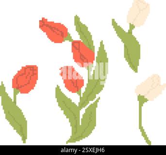 Pixel Art Spring Red and White Tulips collection. Isolated Vector illustration in retro 8-bit style. Y2k trendy pixelated stickers. Inspired by video Stock Vector
