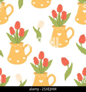 Pixel Art Seamless Pattern. Flower Tulips Bouquet in Jug on White Background. Spring Floral Template in retro 8-bit style. Vector illustration Inspire Stock Vector