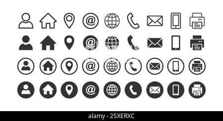 Business card contact information icon set. Containing name, address, location, mail, email, E-mail, chat speech bubble, website, telephone, cell phon Stock Vector
