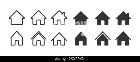 Simple house symbol. Flat real estate sign. Main page pictogram in filled, thin line, outline and stroke style. Web home icon set for websites and app Stock Vector