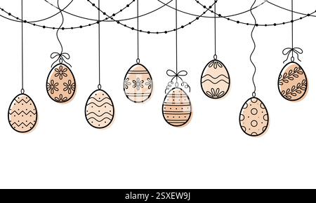 Garland with easter eggs with ornament. Elements for decorating for the Easter. Vector illustration in colored doodle line style. Stock Vector