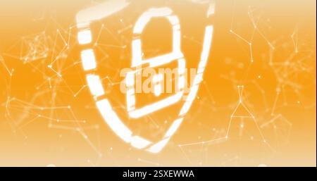Image of padlock icon with network of connections on orange background Stock Photo