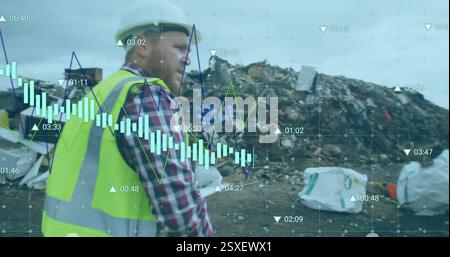 Image of financial data processing over caucasian male worker on landfill Stock Photo