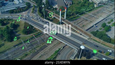Image of network of eco icons over cityscape Stock Photo