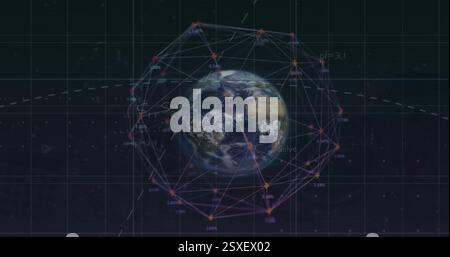 Image of network of connections and data processing over globe and mathematical equations Stock Photo