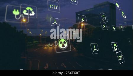Image of network of eco icons over cityscape Stock Photo