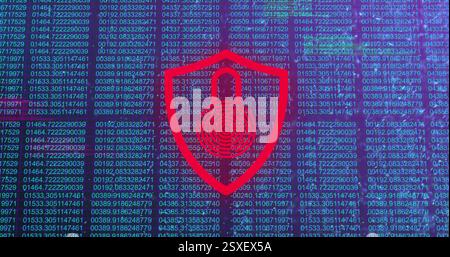 Image of digital data processing over biometric padlock and shield Stock Photo