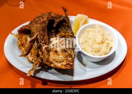 A whole fried carp is served with a side of mashed potatoes and a lemon wedge during the carp tasting in Forchheim. Apothekenstraße, Forchheim, Bavaria, Germany. Stock Photo
