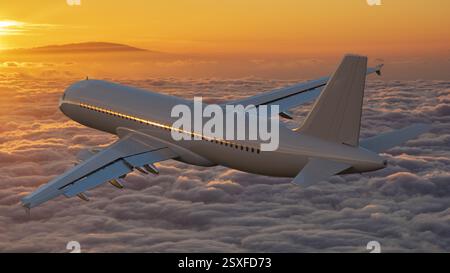 Passenger plane in flight over clouds at sunset-concept of air transport Stock Photo