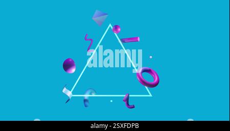Image of shapes moving over triangle on blue background Stock Photo