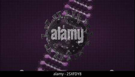 Image of virus cell and dna strand over gray background Stock Photo