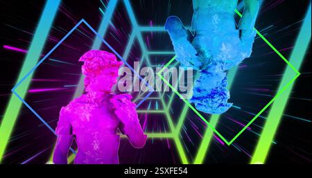 Image of interference over shapes moving and sculptures on black background Stock Photo