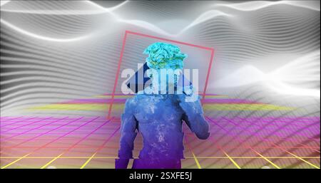 Image of interference over shapes moving and sculpture on black background Stock Photo
