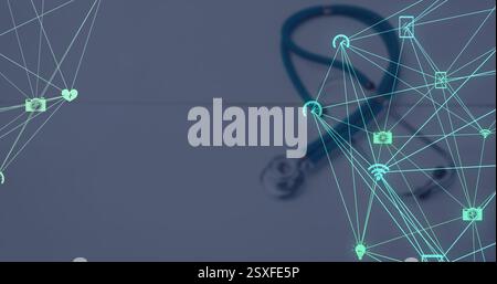 Image of network of connections with icons over stethoscope Stock Photo