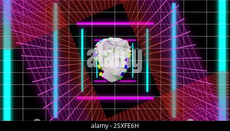 Image of interference over shapes moving and sculpture on black background Stock Photo