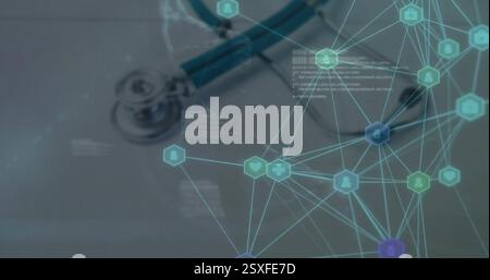 Image of network of connections with icons over stethoscope Stock Photo
