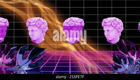 Image of interference over shapes moving and sculptures on black background Stock Photo