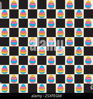 Checkered board bright artistic Easter Egg shape seamless pattern. Abstract decorative geometrical grid. Black white retro shades colour palette Stock Vector